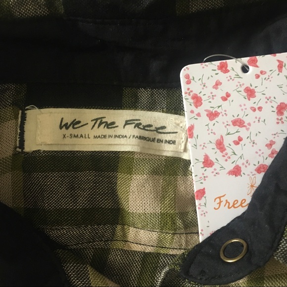 free people pacific dawn plaid green black button up top cinched peplum NWT - Picture 7 of 7